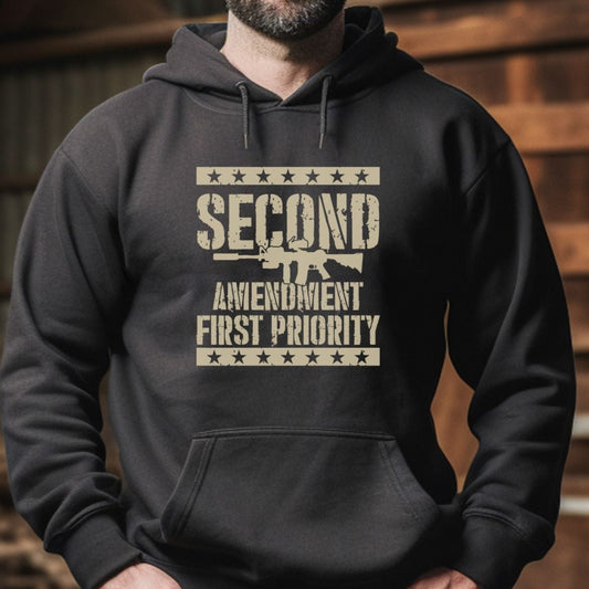 hooded sweatshirt for men saying second amendment, first priority, beige color imprint on heather gray shirt