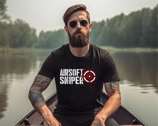 men wearing a black t-shirt with imprint saying Airsoft Sniper with a Target image, impring in white and red