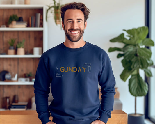 men wearing a navy color sweatshirt saying Gunday in light brown, there is also ammo images
